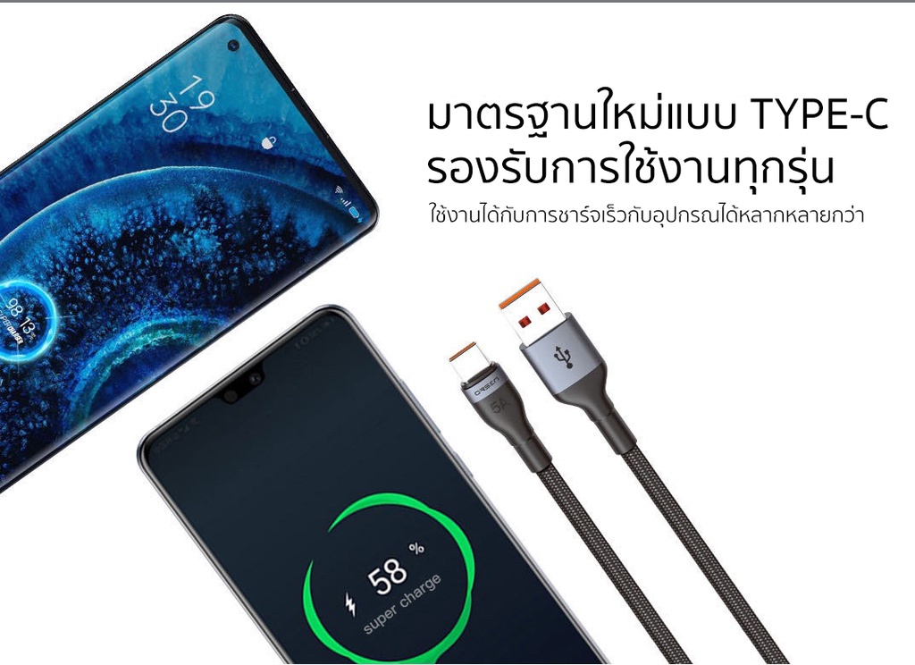 ภาพประกอบคำอธิบาย Orsen by Eloop S7 สายชาร์จ Type C 5A ความยาว 1 เมตร รองรับถ่ายโอนข้อมูล วัสดุไนลอนถัก แข็งแรง ทนทาน  ของแท้100%