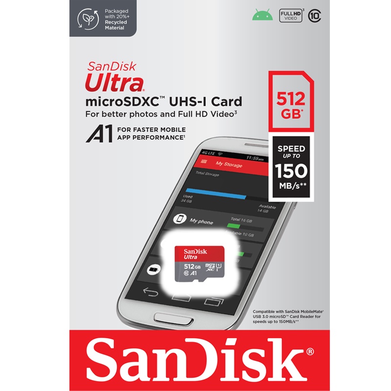 รูปภาพเพิ่มเติมเกี่ยวกับ Sandisk Ultra Micro SD Card 128GB Speed 140MB/s , 256GB , 512GB Class10 A1Speed 150MB/s SDXC (SDSQUAC) แซนดิส Memory ประกัน 10ปี