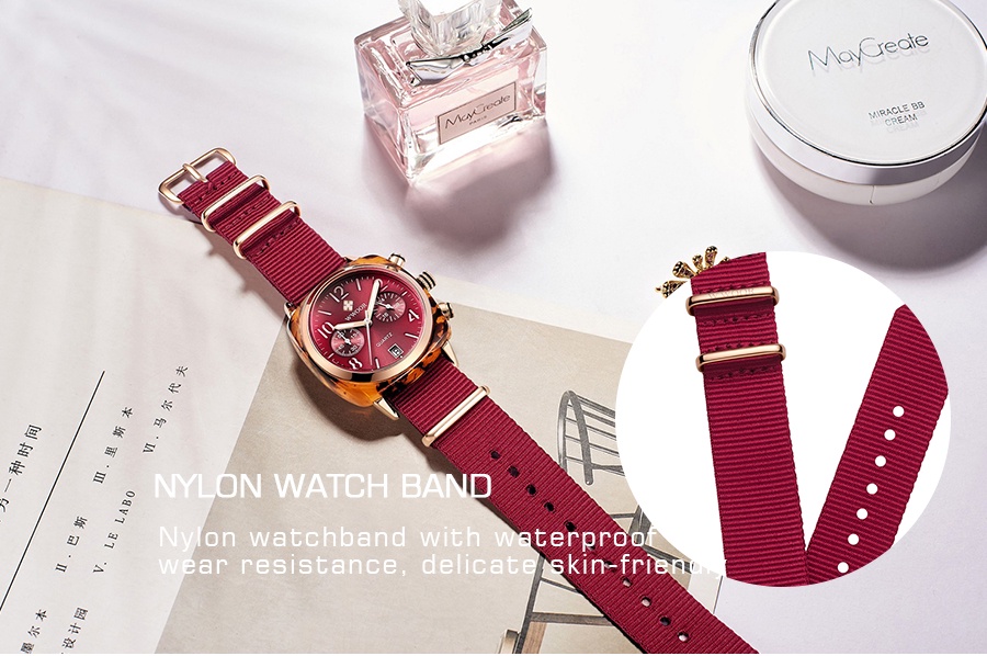 ข้อมูลเกี่ยวกับ WWOOR นาฬิกาผู้หญิงแฟชั่น นาฬิกากันน้ำ สวยงาม casual watch MOVT Japan นาฬิกาสายไนลอนสีแดง 8860