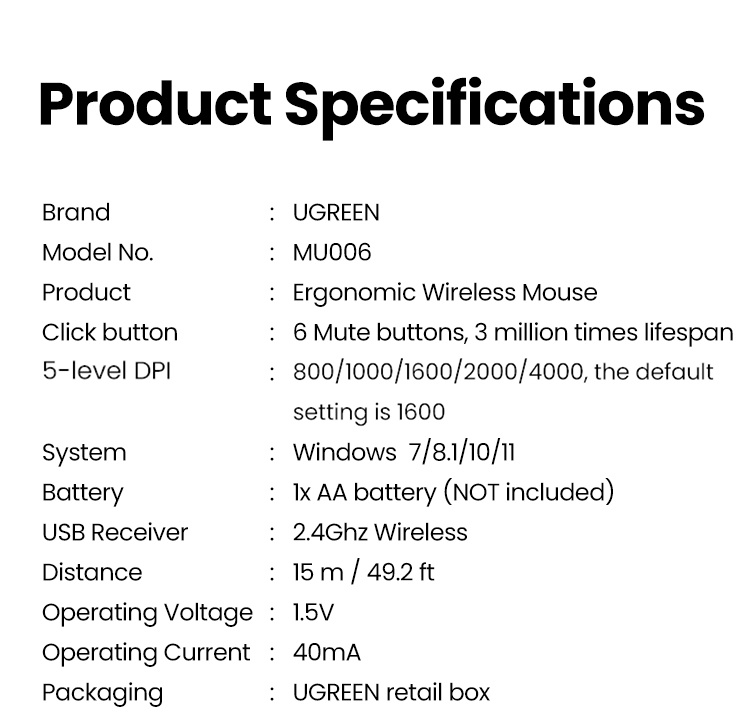 ภาพที่ให้รายละเอียดเกี่ยวกับ Ugreen เมาส์ไร้สาย 6 ปุ่มเสียงเงียบ Wireless Mouse 2.4G พร้อมตัวรับสัญญาณ USB 5 ระดับ DPI 4000DPI สําหรับแล็ปท็อป PC Mac Linux