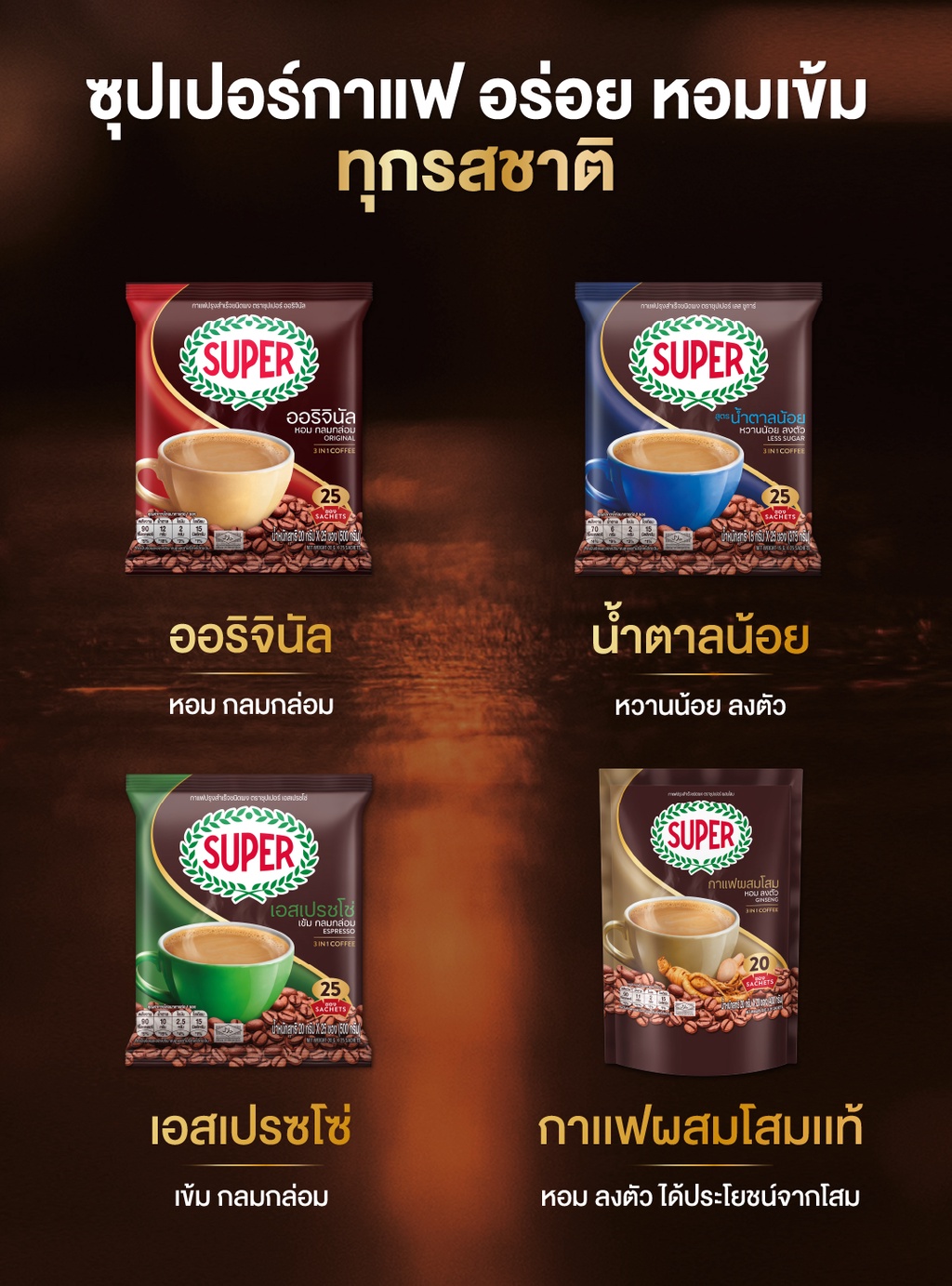 เกี่ยวกับสินค้า SUPER Instant Coffee 3in1 ซุปเปอร์กาแฟ 3 อิน 1
