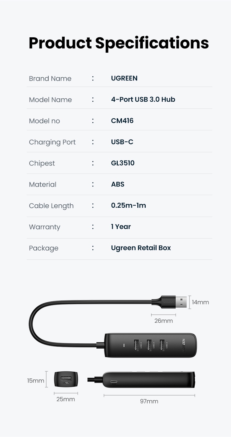 เกี่ยวกับ Ugreen อะแดปเตอร์ฮับ USB 3.0 4 พอร์ต สําหรับ MacBook Pro Surface MateBook PC USB HUB(1 เมตร)