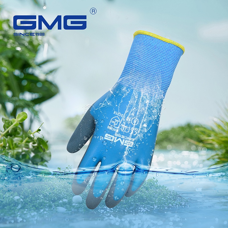 คำอธิบายเพิ่มเติมเกี่ยวกับ Gmg ถุงมือนิรภัย ถุงมือทํางาน กันน้ํา สีฟ้า โพลีเอสเตอร์ การยึดเกาะที่ดี ทนต่อการสึกหรอ ทนทาน สีเทา ถุงมือยางนิรภัย ถุงมือทํางาน คุณภาพดี