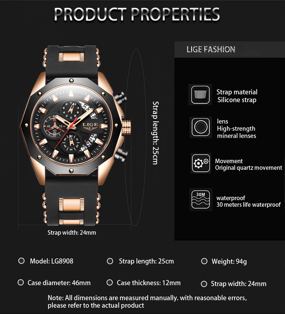 มุมมองเพิ่มเติมของสินค้า LIGE แบรนด์ใหม่นาฬิกาผู้ชายเดิม แฟชั่นสายรัดซิลิโคน นาฬิกากันน้ำ ตัวชี้เรืองแสงกีฬาโครโนกราฟ+กล่อง