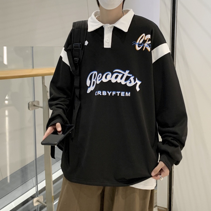 รูปภาพรายละเอียดของ OKADY เสื้อยืดผู้ชายแฟชั่นปกคู่เสื้อโปโลเวอร์ชั่นเกาหลีอินพิมพ์ผ้าฝ้ายหลวมด้านบนลำลอง