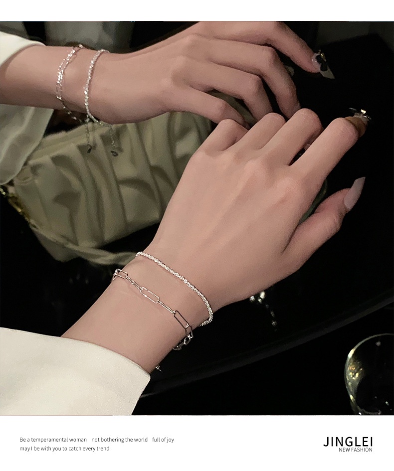 ภาพอธิบายเพิ่มเติมของ Silver Pigment Ring Bracelet Female Girl's New Summer Ins Niche Design Fashion Simple Hand Rope Ins Cold Wind Sparkling Hand Ornaments Female