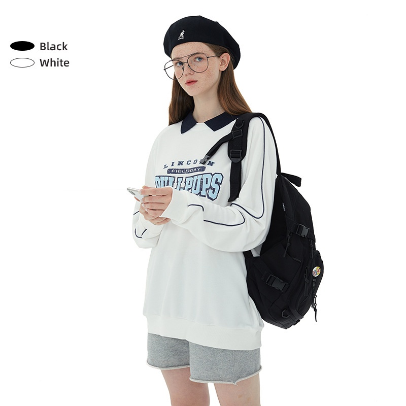 ลองดูภาพสินค้า Contrast color large size loose long-sleeved polo shirt for girls.