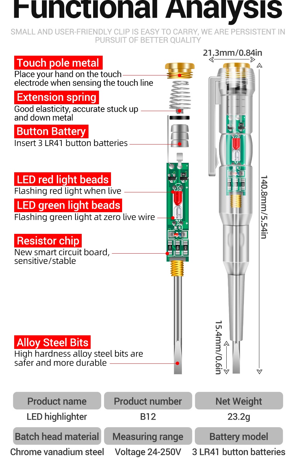 ข้อมูลเพิ่มเติมของ Aneng B12 ไขควงใบมีดแบน LED ตรวจจับสายไฟ สีแดง และสีเขียว สําหรับใช้ในครัวเรือน