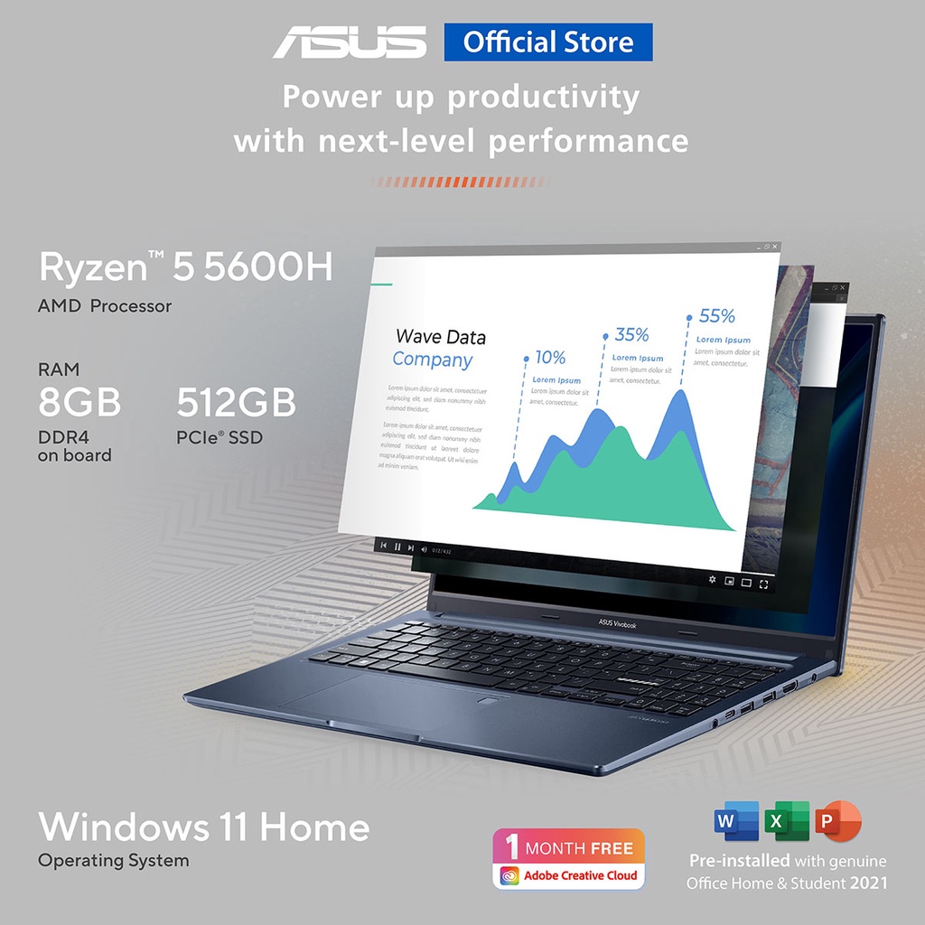 มุมมองเพิ่มเติมของสินค้า ASUS VivoBook 16 (D1603QA-MB501WS), 16 inch thin and light laptop, WUXGA, Ryzen 5 5600H, 8 GB DDR4, 512GB M.2 PCIe 3.0 SSD