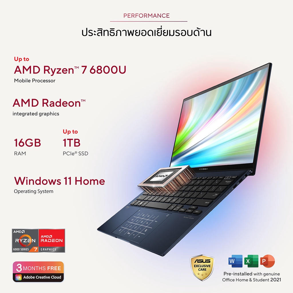 เกี่ยวกับสินค้า ASUS Zenbook S 13 OLED (UM5302TA-LV522WS), 13 inch thin and light laptop, 2.8K OLED, AMD Ryzen 5 6600U, 16GB LPDDR5, 512GB PCIe 4.0 SSD
