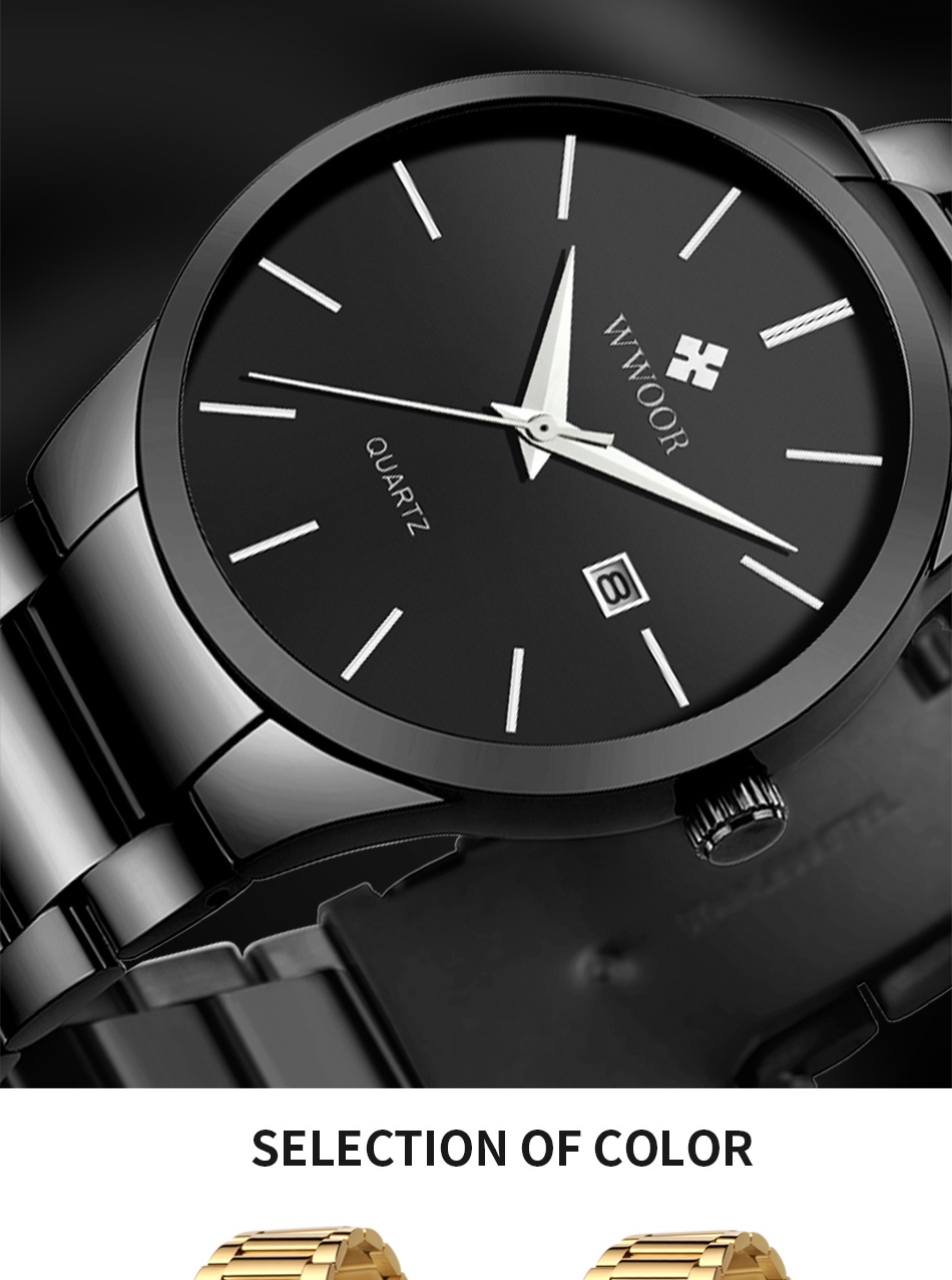 เกี่ยวกับสินค้า WWOOR นาฬิกาข้อมือผู้ชายแฟชั่นกันน้ำนาฬิกาควอตซ์ นาฬิกาหรูหราสายสแตนเลสสีดำนาฬิกาทางการผู้ชาย -8875