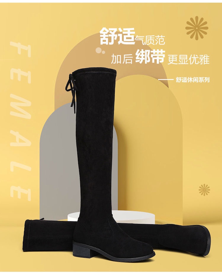 รายละเอียดเพิ่มเติมเกี่ยวกับ QiaoYiLuo ฤดูใบไม้ผลิใหม่สไตล์เกาหลีรองเท้าบูทเดียวผู้หญิงสีดำเหนือเข่ารองเท้าบูทยางยืด