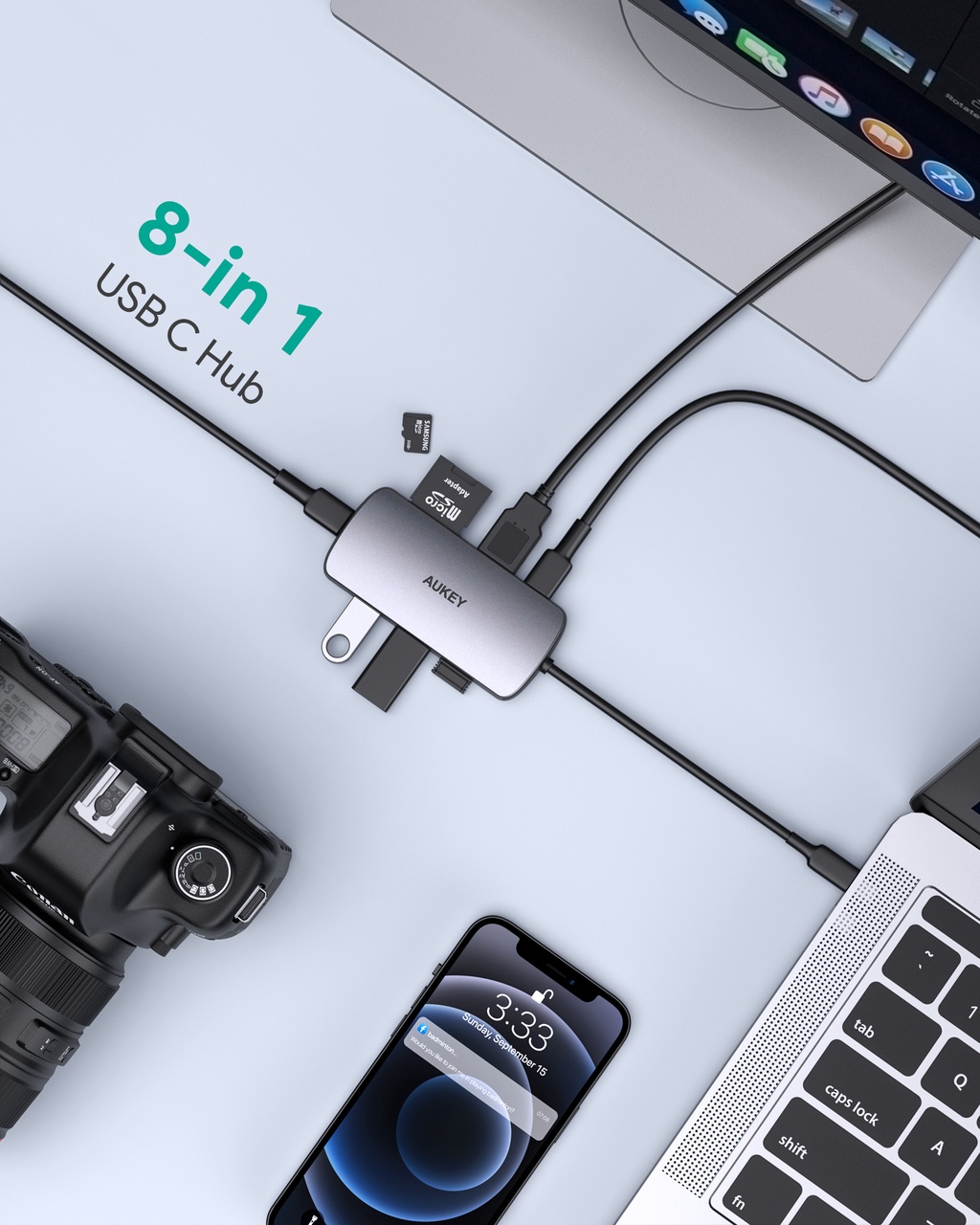 AUKEY CB-C85 USB C Hub ฮับ 8-in-1 with 4K HDMI, USB 2.0. USB 3.0, 100W ...