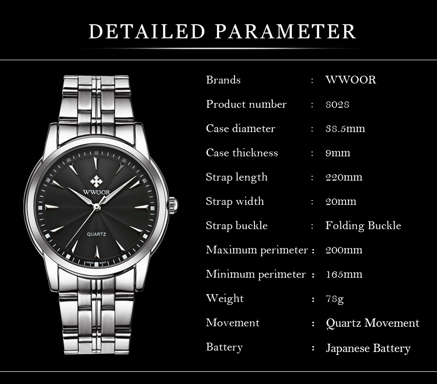 ภาพประกอบของ WWOOR นาฬิกาข้อมือผู้ชายพร้อมกล่องนาฬิกาควอตซ์กันน้ำสายสแตนเลสทองแฟชั่น -8028