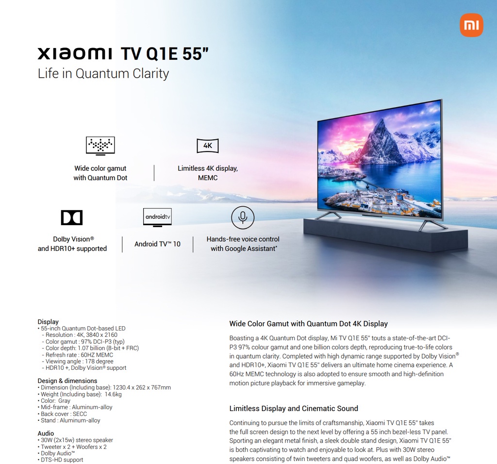 เกี่ยวกับสินค้า Xiaomi TV Q1E 55" Android TV สมาร์ททีวี คมชัดระดับ 4K QLED  ประกันศูนย์ไทย 3 ปี