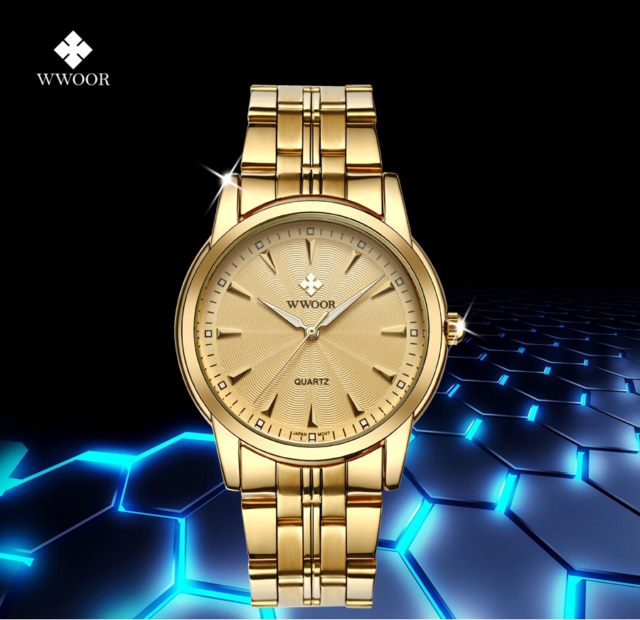 ภาพประกอบของ WWOOR นาฬิกาข้อมือผู้ชายพร้อมกล่องนาฬิกาควอตซ์กันน้ำสายสแตนเลสทองแฟชั่น -8028