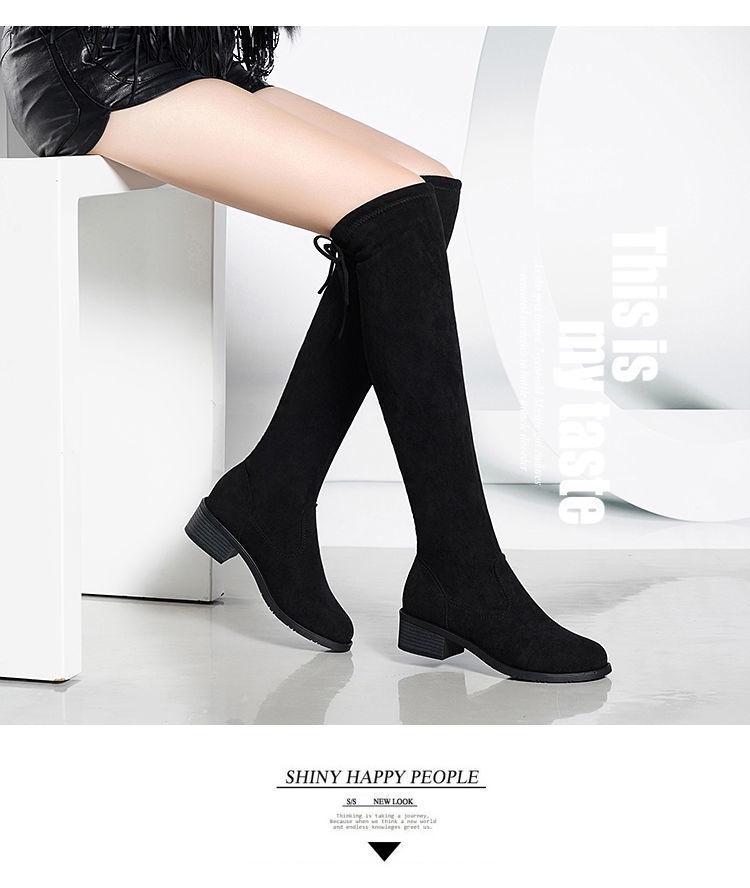 มุมมองเพิ่มเติมของสินค้า QiaoYiLuo ฤดูใบไม้ผลิใหม่สไตล์เกาหลีรองเท้าบูทเดียวผู้หญิงสีดำเหนือเข่ารองเท้าบูทยางยืด