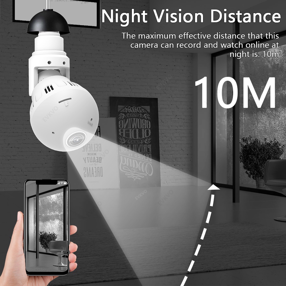 ภาพอธิบายเพิ่มเติมของ Evkvo 4MP WIFI IP E27 Bulb CCTV กล้องวงจรปิดไร้สาย V380 360 กล้องพาโนรามา สี Night Vision กล้องวงจรปิดรักษาความปลอดภัย