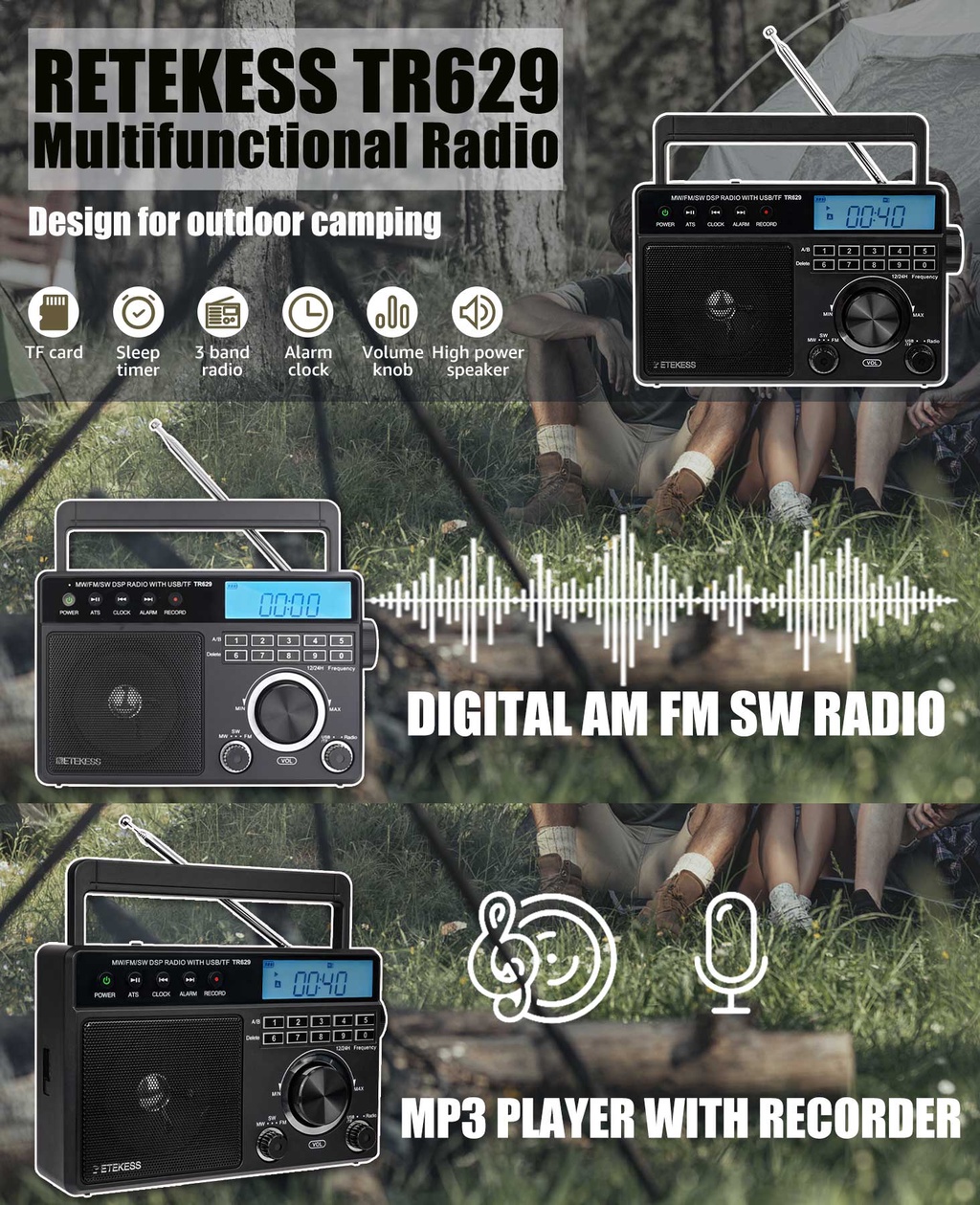 มุมมองเพิ่มเติมของสินค้า Retekess TR629 AM FM Radio Portable Shortwave Radio with LCD Display