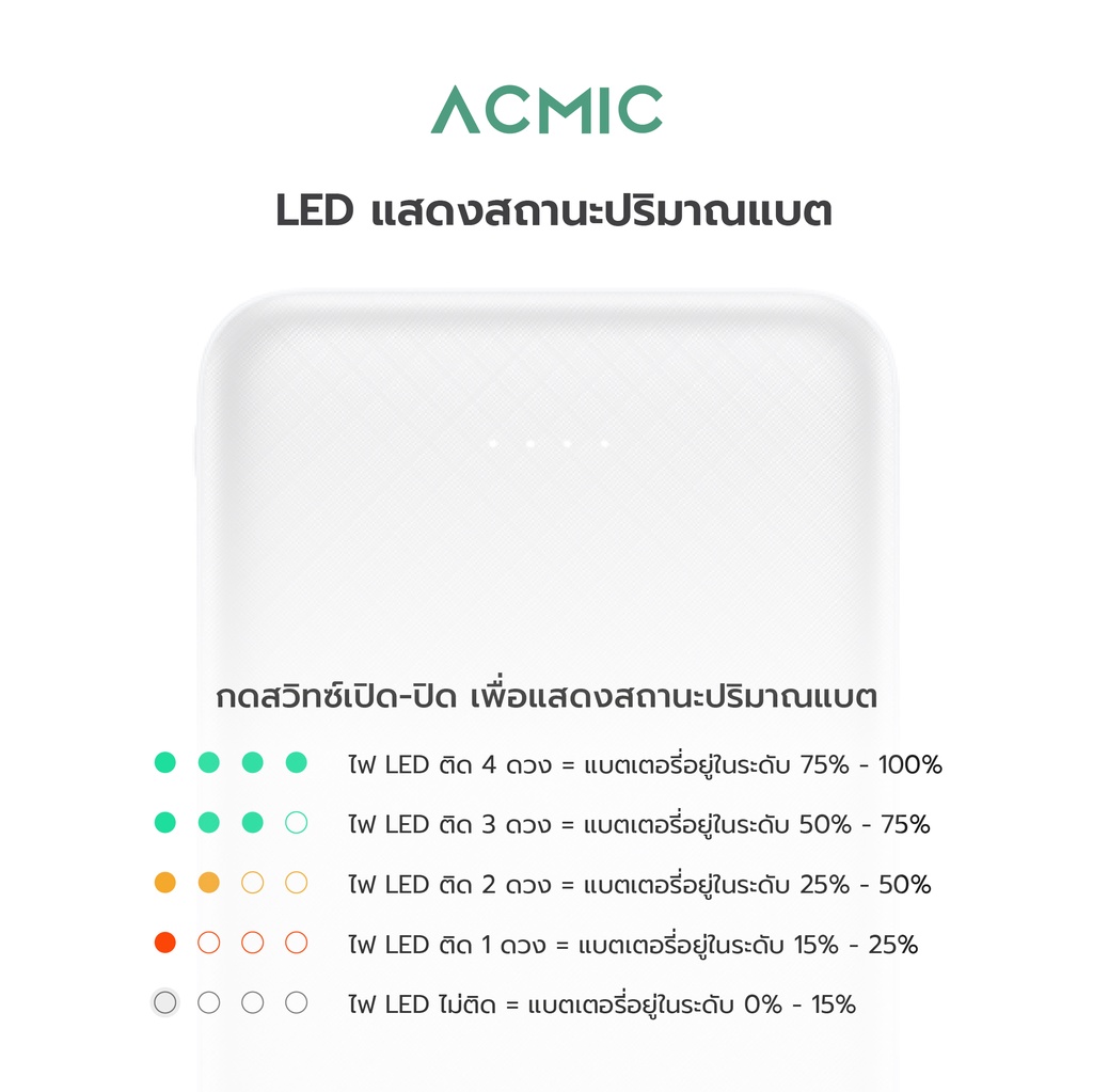 มุมมองเพิ่มเติมของสินค้า ACMIC A10 Powerbank 10000mAh พาวเวอร์แบงค์ จ่ายไฟ Output ช่อง USB เท่านั้น รับประกันสินค้า 1 ปี