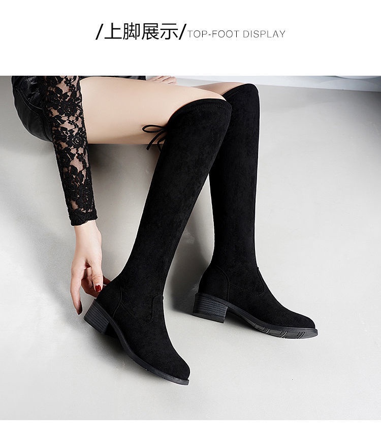 รูปภาพเพิ่มเติมของ QiaoYiLuo ฤดูใบไม้ผลิใหม่สไตล์เกาหลีรองเท้าบูทเดียวผู้หญิงสีดำเหนือเข่ารองเท้าบูทยางยืด