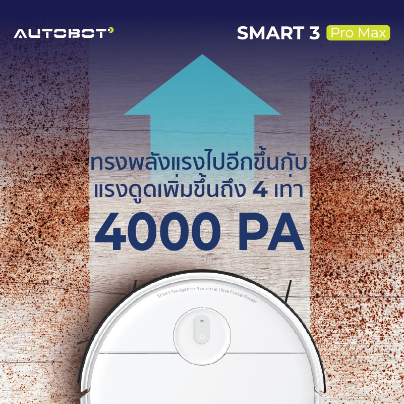 มุมมองเพิ่มเติมของสินค้า AUTOBOT Smart 3 Pro Max หุ่นยนต์ดูดฝุ่น GYRO mapping robot electric tank ปรับระดับน้ำได้ สั่งผ่าน APP แรงดูดสูง 4000Pa