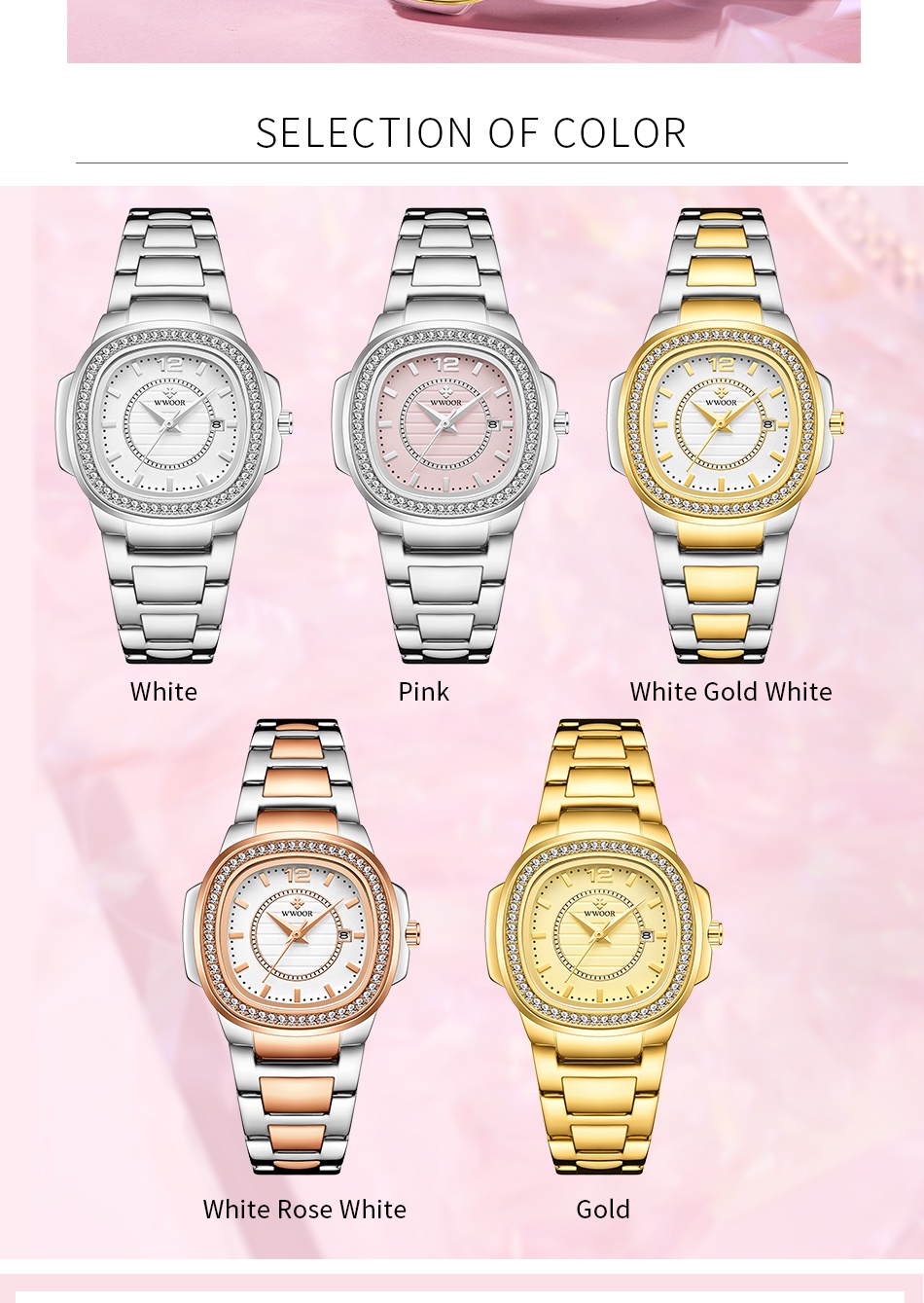 ภาพที่ให้รายละเอียดเกี่ยวกับ WWOOR นาฬิกาข้อมือผู้หญิงแท้นาฬิกากันน้ำหรูสีชมพูนาฬิกาสายสแตนเลสสีโรสโกลด์ 8874
