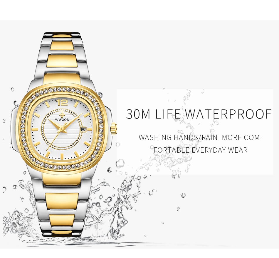 ข้อมูลเกี่ยวกับ WWOOR นาฬิกาข้อมือผู้หญิงแท้นาฬิกากันน้ำหรูสีชมพูนาฬิกาสายสแตนเลสสีโรสโกลด์ 8874