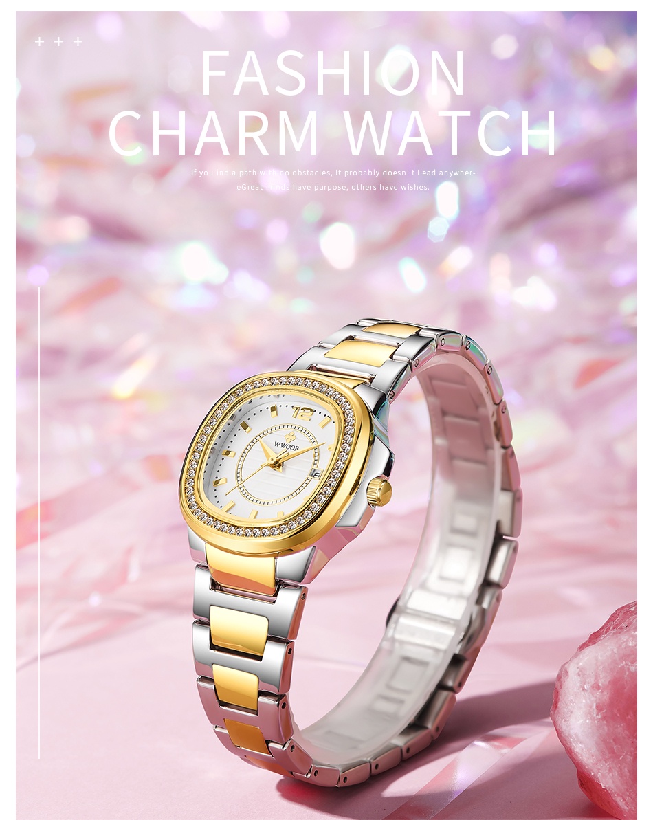 มุมมองเพิ่มเติมของสินค้า WWOOR นาฬิกาข้อมือผู้หญิงแท้นาฬิกากันน้ำหรูสีชมพูนาฬิกาสายสแตนเลสสีโรสโกลด์ 8874
