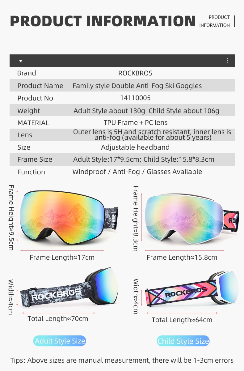 เกี่ยวกับสินค้า Rockbros แว่นตาสกี สองชั้น ป้องกันหมอก กันลม สายตาสั้น อุปกรณ์กีฬาหิมะ สําหรับเด็ก ผู้ใหญ่