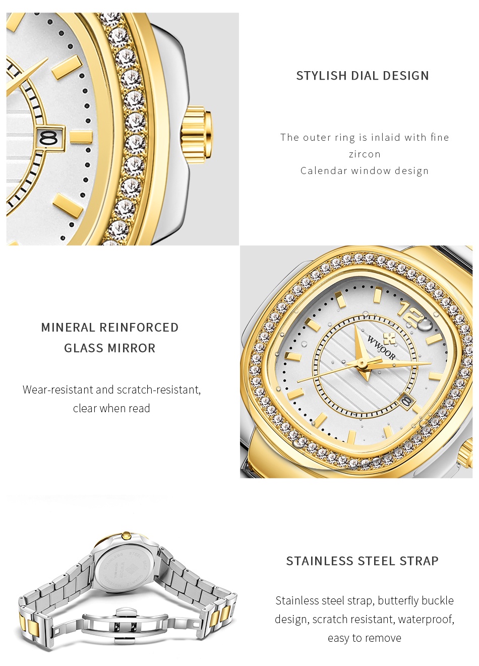 มุมมองเพิ่มเติมของสินค้า WWOOR นาฬิกาข้อมือผู้หญิงแท้นาฬิกากันน้ำหรูสีชมพูนาฬิกาสายสแตนเลสสีโรสโกลด์ 8874