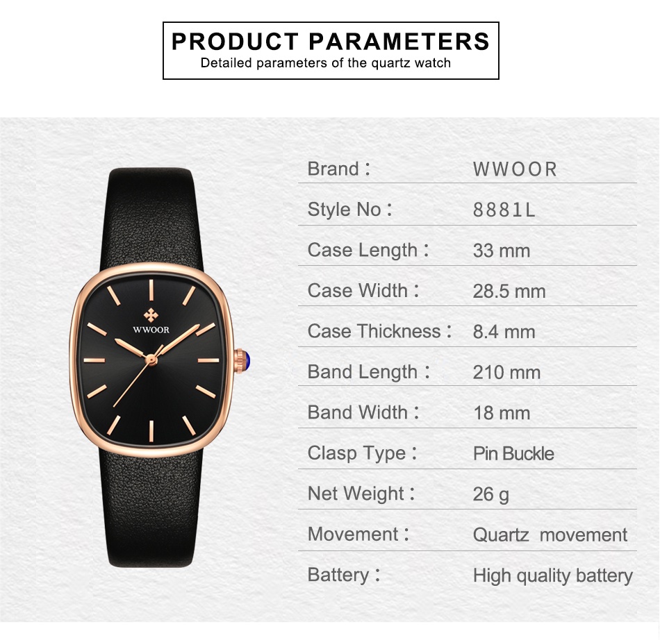 ข้อมูลเกี่ยวกับ Wwoor นาฬิกาข้อมือควอตซ์แฟชั่น กันน้ํา หรูหรา สําหรับสตรี -8881