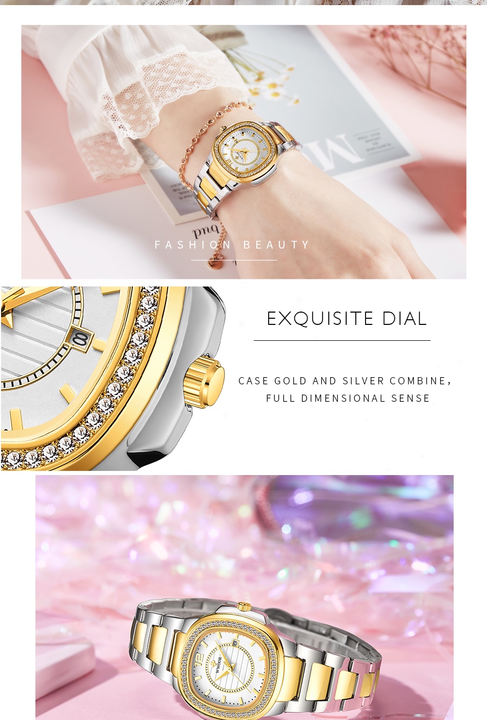 ภาพประกอบคำอธิบาย WWOOR นาฬิกาข้อมือผู้หญิงแท้นาฬิกากันน้ำหรูสีชมพูนาฬิกาสายสแตนเลสสีโรสโกลด์ 8874