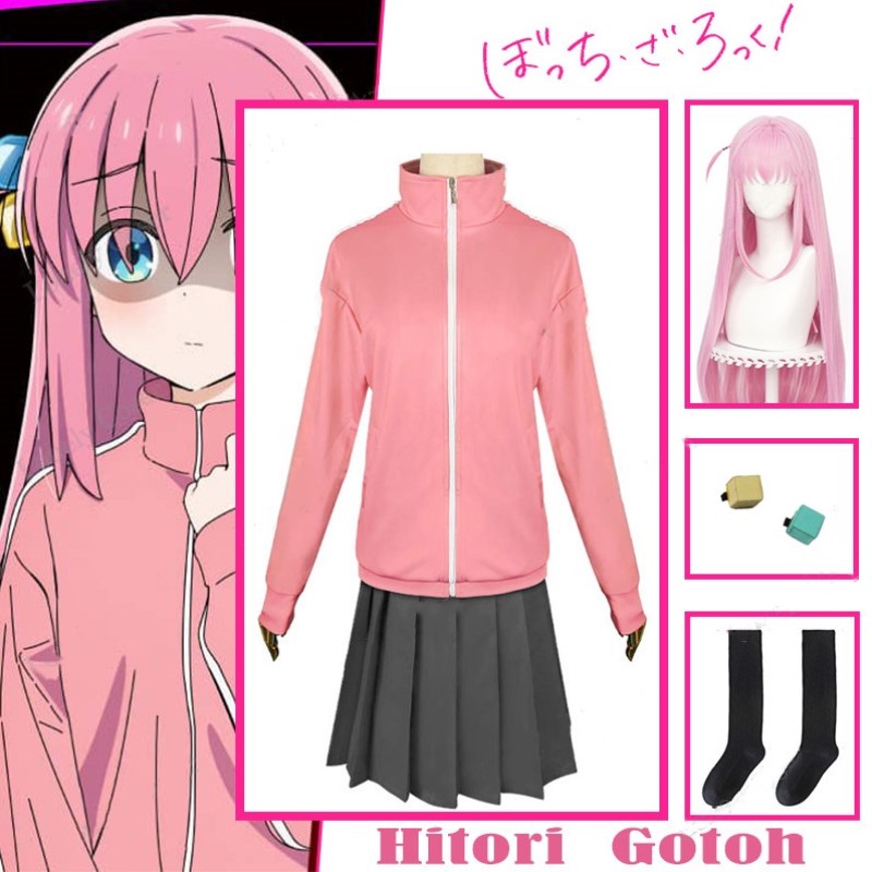 tiktok-bocchi-the-rock-hitori-gotoh-cosplay-costume-anime-pink-long-wig-pink-sweater-skirt-hairpin-jk-uniform-party-girls-women