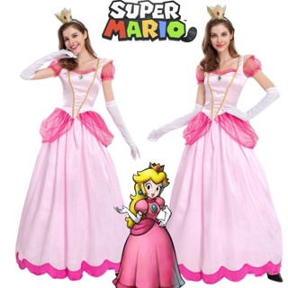 ชุดเดรสคอสเพลย์ Super Mario Princess Peach Super Luigi Brother สีชมพู สําหรับผู้ใหญ่ เหมาะกับงานปาร์ตี้ฮาโลวีน