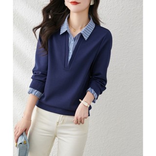 เสื้อกันหนาวแขนยาวลําลอง เข้ารูป ลายทาง สีคอนทราสต์ แฟชั่นฤดูใบไม้ผลิ สําหรับผู้หญิง 2023