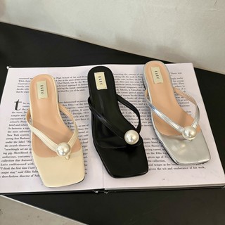 ราคาถูก Chunky Heel Flip-Flop รองเท้าแตะและรองเท้าแตะประดับมุกสไตล์ฝรั่งเศสของผู้หญิง