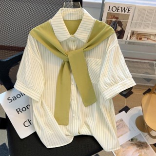 เสื้อเชิ้ตแขนสั้น ลายทาง หรูหรา สไตล์เกาหลี เหมาะกับฤดูร้อน สําหรับผู้หญิง