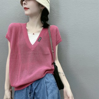 เสื้อยืดแขนสั้น คอวี แบบบาง สีพื้น แฟชั่นฤดูร้อน สําหรับผู้หญิง 2023 2 ชิ้น