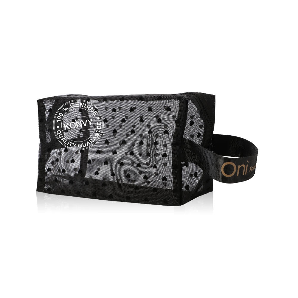 ข้อมูลเกี่ยวกับ Oni Oversize Square Mesh Cosmetic Bag Black Mesh Black Heart กระเป๋าเครื่องสำอางแบบตาข่ายโปร่งใส ทรงสี่เหลี่ยม สีดำ ดีไซน์หัวใจสีดำ.