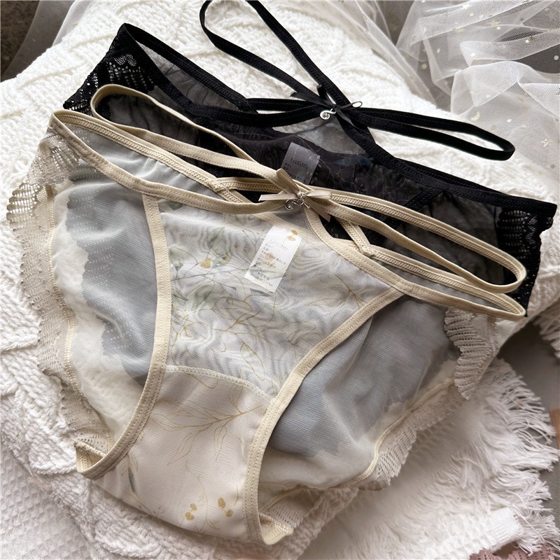กางเกงชั้นในเซ็กซี่-ผ้าตาข่าย-แต่งลูกไม้-แต่งสายไขว้-สไตล์จีน-สําหรับผู้หญิง
