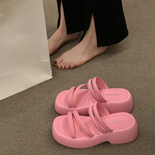 รองเท้าแตะส้นหนาผู้หญิงฤดูร้อนแฟชั่นเกาหลีรองเท้าแตะสีชมพูรองเท้าแตะแบบสวม