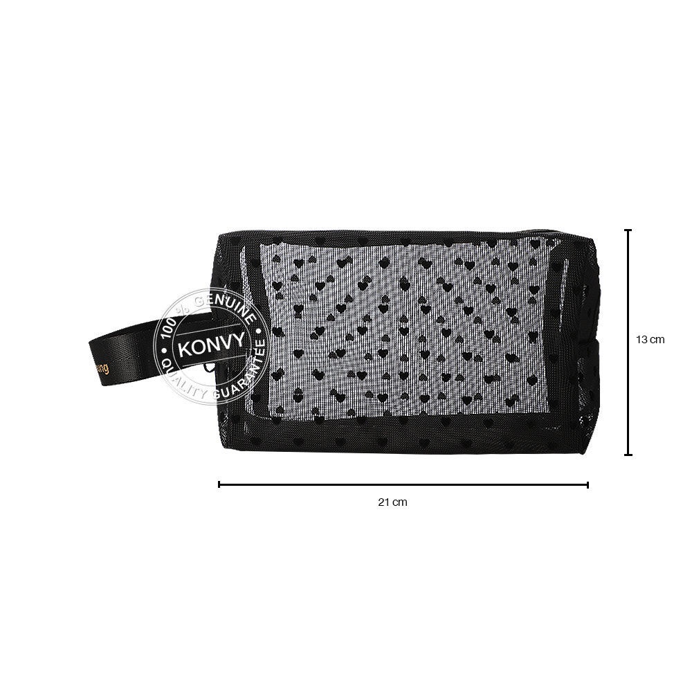 ข้อมูลเกี่ยวกับ Oni Oversize Square Mesh Cosmetic Bag Black Mesh Black Heart กระเป๋าเครื่องสำอางแบบตาข่ายโปร่งใส ทรงสี่เหลี่ยม สีดำ ดีไซน์หัวใจสีดำ.