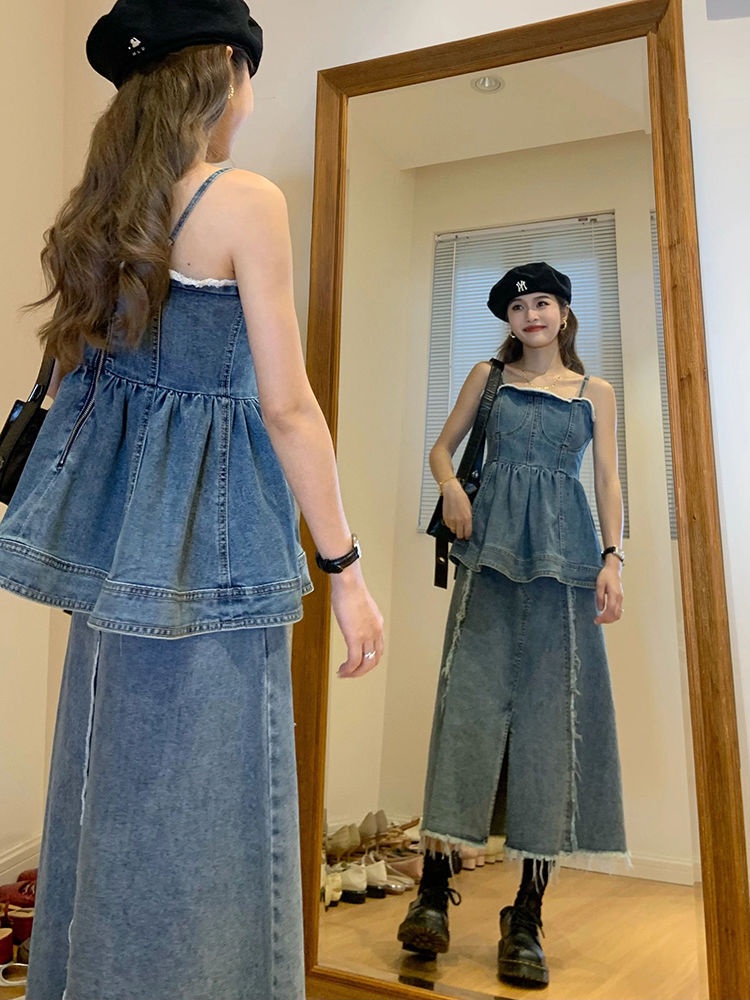หวานเย็นสาวฮอตคาวบอยเกาะอกเสื้อกล้ามชุดผู้หญิง-2023-ฤดูร้อนเอวสูงขนสั้นกระโปรงสองชิ้น