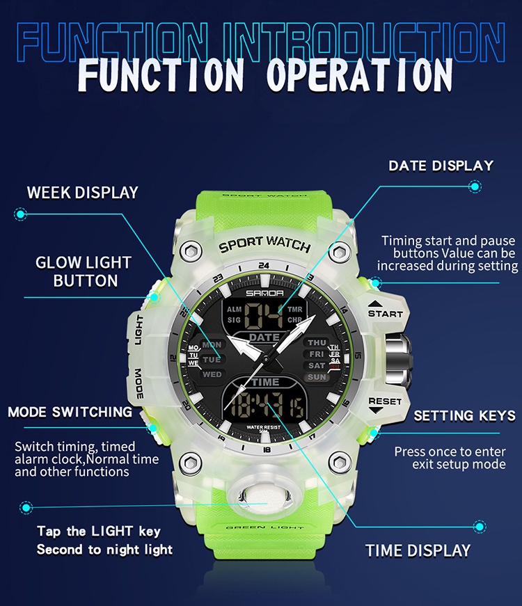 มุมมองเพิ่มเติมเกี่ยวกับ Sanda นาฬิกาข้อมือสปอร์ต กันน้ํา กันตก อเนกประสงค์ คุณภาพอุตสาหกรรมทหาร SD6126-2