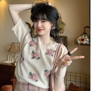 เสื้อยืดแขนสั้น ผ้าถัก ลายดอกไม้ ขนาดเล็ก สําหรับผู้หญิง