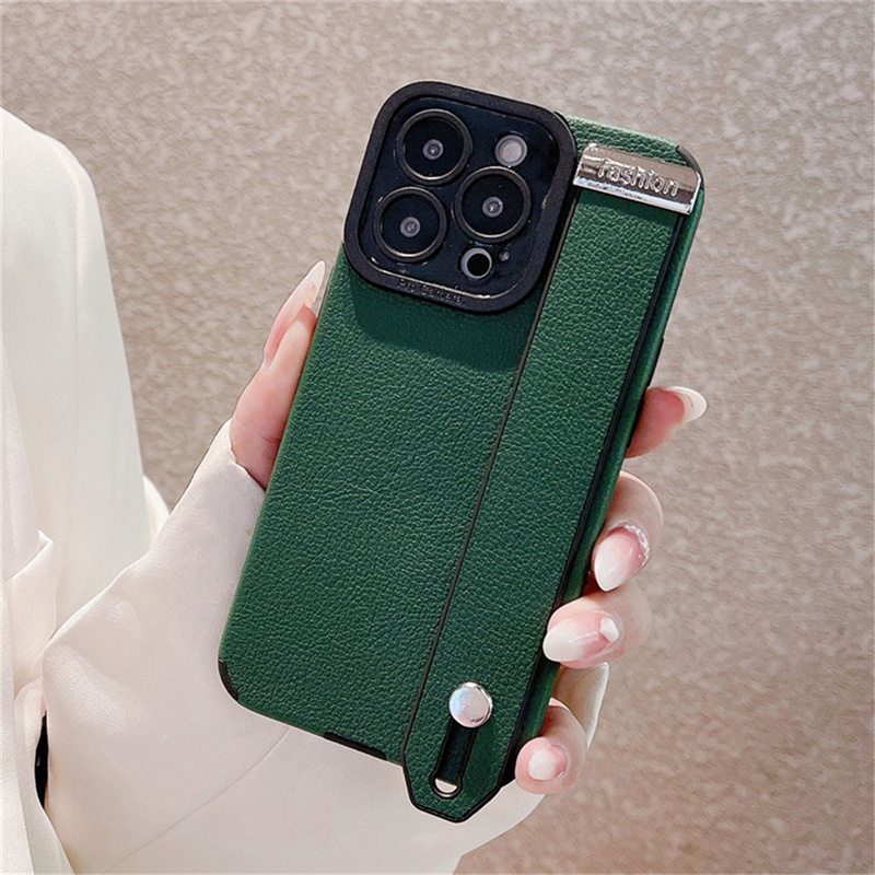 เคสโทรศัพท์มือถือหนัง-สีพื้น-พร้อมสายคล้องข้อมือ-สําหรับ-iphone-14-pro-max-13-12-11-14plus