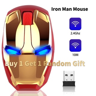 เมาส์เกมมิ่งไร้สาย รูปซุปเปอร์ฮีโร่ Marvel Iron Man ใช้แบตเตอรี่ Led ออกแบบตามสรีรศาสตร์ พร้อมตัวรับสัญญาณ Nano USB สําหรับคอมพิวเตอร์ โน๊ตบุ๊ค พีซี แล็ปท็อป