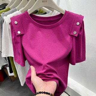 เสื้อยืดครอปท็อป แขนสั้น สีพื้น แฟชั่นฤดูร้อน สําหรับผู้หญิง