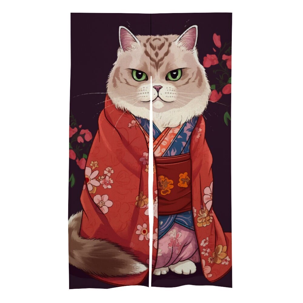 ผ้าม่านโนเรนญี่ปุ่น-ของขวัญคนรักแมว-แมวในกิโมโน-ศิลปะสไตล์-ukiyo-e-ตกแต่งห้องคนรักแมวเปอร์เซีย